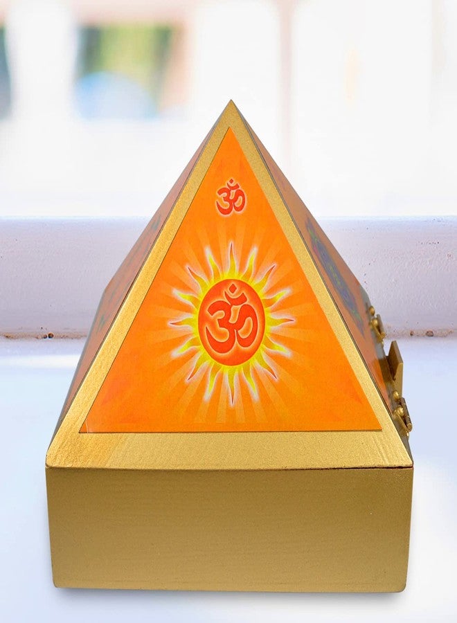 Crystu Wooden Pyramid Wish Box Size 6 inch Wooden Wish Box Om Sticker for Reiki Wish Healing and Crystal Healing Wish Box - Image 1